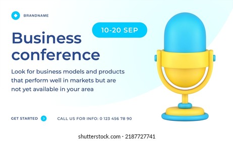 Business Conference Public Speaker Presentation Retro Microphone Web Banner Realistic 3d Icon Vector Illustration. Corporate Meeting Announcement Management Information Forum Invitation Seminar