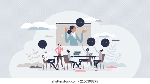 Business conference room with audience and speaker talk tiny person concept. Auditorium lecture with distant seminar using video call screen vector illustration. Presentation and team training meeting