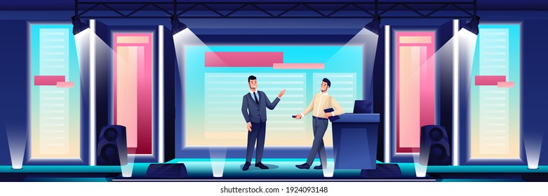 Business conference or seminar in auditorium hall. Speaker on podium giving presentation to audience vector illustration. Event or forum convention in modern center.