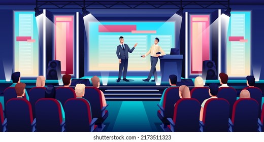 Business Conference Or Seminar In Auditorium Hall Speaker On Podium Giving Presentation To Audience In Seats Event Or Forum Convention In Modern Center