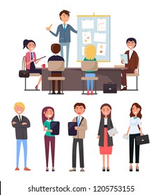 Business conference, seminar with workers and boss vector. Whiteboard and charts, diagrams and strategy plan. Chief executive, office employees rally Business conference, seminar with workers and boss vector. Whiteboard and charts, diagrams and strategy plan. Chief executive, office employees rally