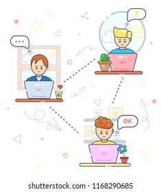 Business conference. Social networks. Online business, education, freelance, blogger, webinar, chat. Cute smile character people, man work at laptop, home, office, table. Seo,trading, delivery,service