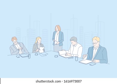 Business, conference, teamwork, company, staff concept. Young head of company set team staff to discuss new projects. Business conference is dedicated to current companys problems. Simple flat vector