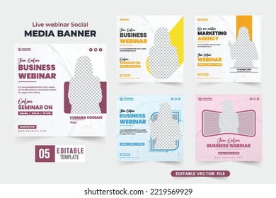 Business conference and webinar template bundle vector for official seminars. Modern web seminar social media post set design with lavender and yellow colors. Office webinar template collection.