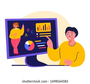 Business Conference.Webinar,Seminar,Lesson,Working Online.Students,Copywriters,Telework Freelancers.Remote Workplace.Distance Job Project.Virtual Chat.Internet,Laptop Computer.Flat Vector Illustration