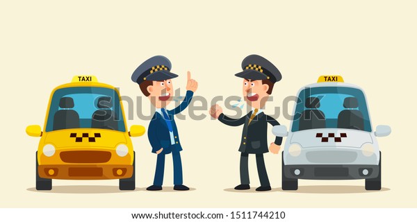Business\
conflict between competing taxi cab drivers. Competition in the\
taxi services industry. Business vector illustration, flat design,\
cartoon style. Isolated background. Side view.\

