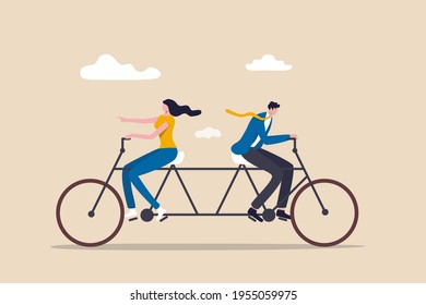 Business Conflict, Controversy Or Disagreement Causing Problem And Failure Concept, Businessman And Businesswoman Colleagues Or Working Team Trying Hard Riding Bicycle In Opposite Direction.