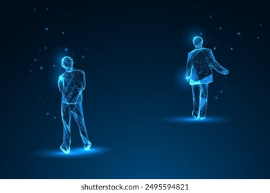 Business conflict, corporate tension concept with two businessman silhouettes standing in opposing directions on dark blue background. Glowing low polygonal style. Modern abstract vector illustration.