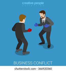 Business conflict flat 3d isometry isometric dispute resolution fight concept web vector illustration. Two businessmen wearing boxing gloves fighting. Creative people collection
