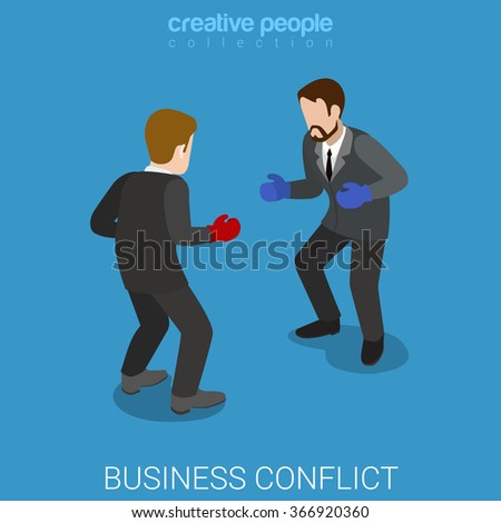 Business conflict flat 3d isometry isometric dispute resolution fight concept web vector illustration. Two businessmen wearing boxing gloves fighting. Creative people collection