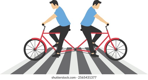 Business conflict. Business people riding the same bike but in opposite directions. Crossing Road by Crosswalk with Zebra Markup. Modern vector illustration in flat style

