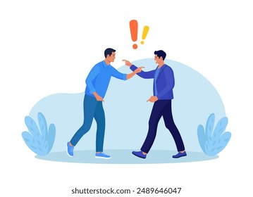 Business conflict, rivalry among colleagues. Two men arguing and fighting. Colleagues debating or misunderstanding. People quarrel and swear. Aggressive characters yell at each other