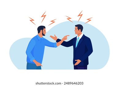 Business conflict, rivalry among colleagues. Two men arguing and fighting. Colleagues debating or misunderstanding. People quarrel and swear. Aggressive characters yell at each other