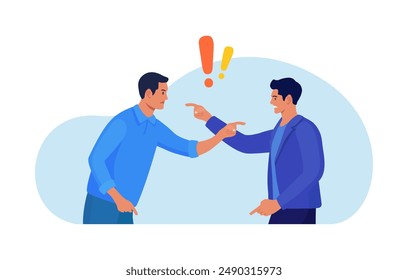 Business conflict, rivalry among colleagues. Two men arguing and fighting. Colleagues debating or misunderstanding. People quarrel and swear. Aggressive characters yell at each other