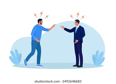 Business conflict, rivalry among colleagues. Two men arguing and fighting. Colleagues debating or misunderstanding. People quarrel and swear. Aggressive characters yell at each other