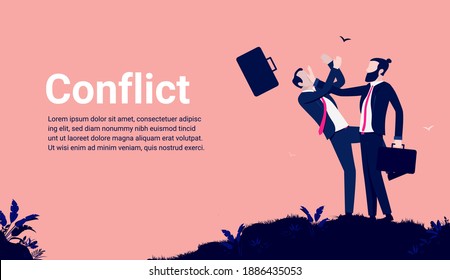 Business conflict - Two businessmen competitors on hilltop fighting. Rivalry, argument and opponent concept. Vector illustration.