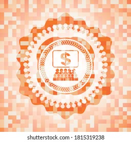 business congress icon inside abstract emblem, orange mosaic background. 