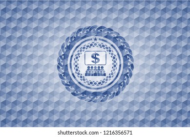 business congress icon inside blue emblem with geometric pattern.