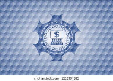 business congress icon inside blue emblem with geometric background.