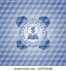 business congress icon inside blue badge with geometric pattern.