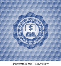 business congress icon inside blue emblem with geometric background.