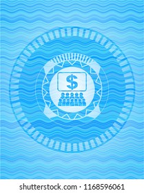 business congress icon inside light blue water wave badge.