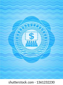 business congress icon inside light blue water wave style emblem.