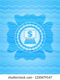 business congress icon inside sky blue water emblem.