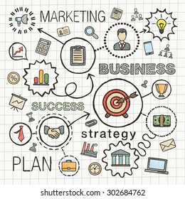 Business connected hand draw icons. Vector sketch integrated doodle illustration for strategy, service, analytics, research, digital marketing, interactive concepts. Color hatch pictograms set.