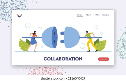 Business Connection, Collaboration Landing Page Template. Tiny Business Characters Connecting Huge Plug and Outlet, Teamwork Cooperation, Idea Generation. Cartoon People Vector Illustration