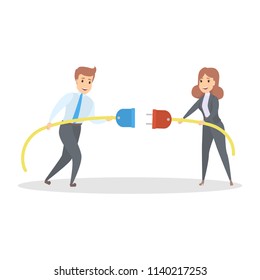 Business connection concept. Businessman and businesswoman pull plug and socket towards each other. Idea of partnership and teamwork. Isolated flat vector illustration