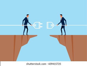 Business connection concept. Businessman connecting big plug and socket on cliff. Cooperation interaction. Cartoon Vector Illustration.