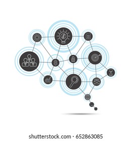 Business connection concept in form of brain symbol. Abstract background with digital marketing and infographic icons. Vector illustration.