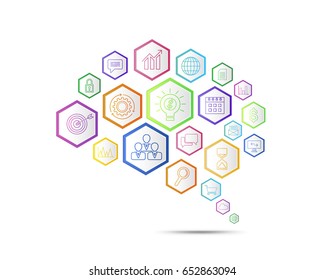 Business connection concept in form of brain symbol. Abstract background with digital marketing and infographic icons. Vector illustration.