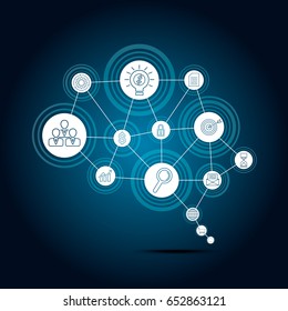 Business connection concept in form of brain symbol. Abstract background with digital marketing and infographic icons. Vector illustration.