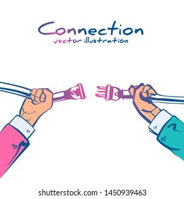Business connection concept. Partnership. Vector illustration sketch design. Businessmen connecting hold plug and outlet in hand, isolated on background. Cooperation interaction.