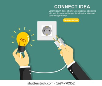 Business connection concept. Partnership. Vector illustration flat design. Businessmen connecting hold plug and outlet in hand, isolated on background