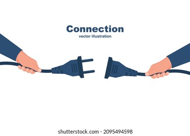 Konzept der Geschäftsverbindung Partnerschaft. Flaches Vektorgrafik-Design. Geschäftsleute, die Haltestecker und Steckdose in der Hand verbinden, einzeln auf Hintergrund. Zusammenarbeit