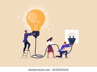 Concepto de conexión empresarial. Ilustración plana de dibujos animados de Vector de un grupo de personas diversas que conectan con éxito una bombilla a una toma de corriente. Aislado sobre fondo.