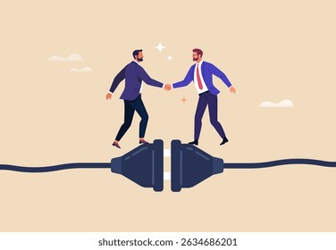 Business Connection Concept. Vector cartoon flat illustration of two men in business suits shaking hands while standing on connected electrical plugs. Isolated on background.