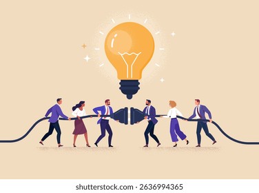Business Connection Concept. Vector cartoon flat illustration of two groups of diverse people connecting electrical plugs with a light bulb above them. Isolated on background.
