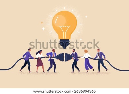 Business Connection Concept. Vector cartoon flat illustration of two groups of diverse people connecting electrical plugs with a light bulb above them. Isolated on background.
