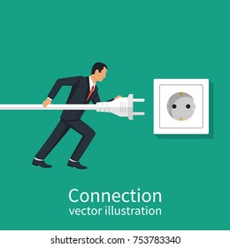 Business connection concept. Vector illustration flat design. Businessmen connecting hold plug and outlet in hand, isolated on background. Connecting power socket.
