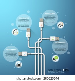 Business connection infographics template with realistic USB cables and tablet for 4 options. Vector illustration. Can be used for workflow layout, banner, diagram, number options, web design