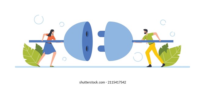 Business Connection, Partnership Concept. Tiny Businessman and Businesswoman Characters Connecting Huge Plug and Outlet, Teamwork Cooperation, Idea Generation. Cartoon People Vector Illustration