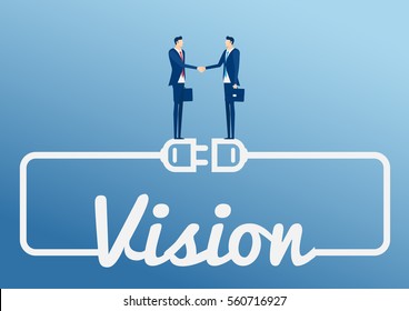 Business connection, partnership, cooperation interaction concept. Businessman handshaking partnership stand on huge wired electrical plug and socket with word VISION. Cartoon Vector Illustration.