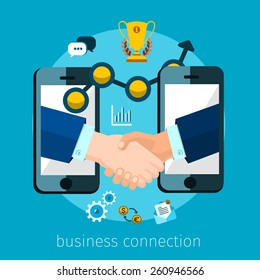 business connection and relations. Handshake, business icons in flat, e-business, apps banner, iPhone illustration