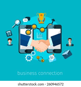 business connection and relations. Handshake, business icons in flat, e-business, apps banner, iPhone illustration