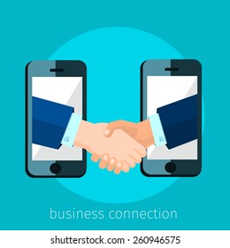 business connection and relations. Handshake, business icons in flat, e-business, apps banner, iPhone illustration