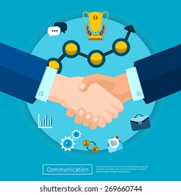 Business connection and relations. Business icons in flat, e-business, apps banner, handshake illustration 